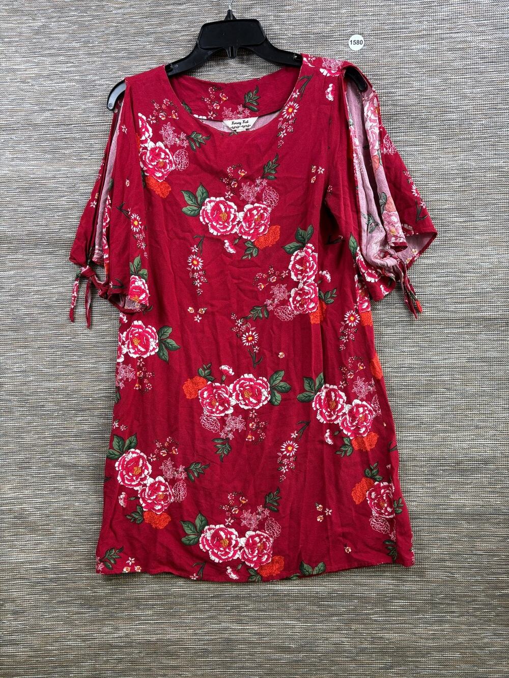 Krazy Kat Floral Shift Dress Womens Size M Red Cold Shoulder Rayon Summer Casual